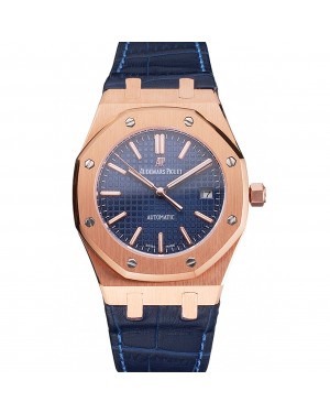 Swiss Audemars Piguet Royal Oak Blue Dial Gold Case Blue Leather Strap