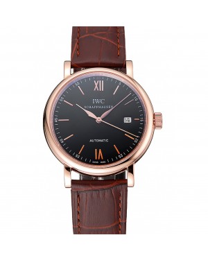 Swiss IWC Portofino Gold Case Black Dial Brown Leather Bracelet 622669