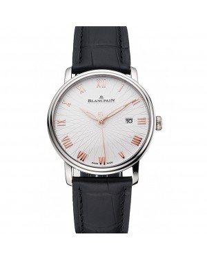 Blancpain Villeret Ultra Slim White Groved Dial Gold Numerals Stainless Steel Case Black Leather Strap