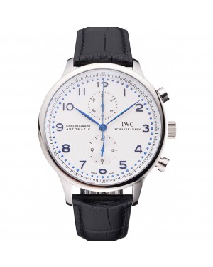 Swiss IWC Portugieser Power Reserve White Dial Stainless Steel Case Black Leather Strap