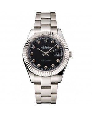 Swiss Rolex Datejust Black Dial Dimond Hour Marks Stainless Steel Case And Bracelet