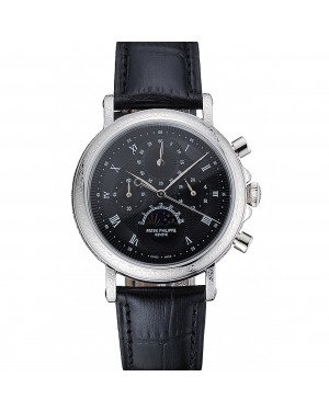 Patek Philippe Grand Complications Black Dial Engraved Silver Case Black Leather Bracelet 1454145