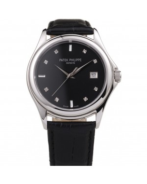 Patek Philippe Geneve Calatrava Crystal Studded Hour Marker Black Dial Black Leather Strap 98170