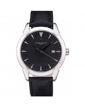 Swiss Vacheron Constantin Traditionnelle Black Dial Stainless Steel Case Black Leather Bracelet