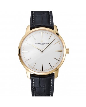 Swiss Vacheron Constantin Patrimony Grand Taille White Dial Gold Case Black Leather Bracelet 1454176