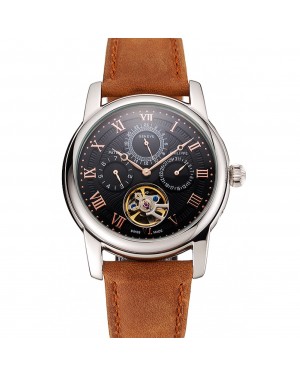 Patek Philippe Grand Complications Day Date Tourbillon Black Dial Rose Gold Numerals Stainless Steel Case Brown Suede Leather Strap 1453815