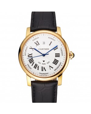 Swiss Cartier Rotonde Annual Calendar White Dial Gold Case Black Leather Strap