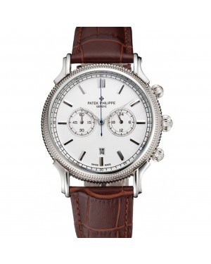 Patek Philippe Chronograph White Dial Stainless Steel Case Brown Leather Strap