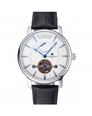 Vacheron Constantin Tourbillion Power Reserve White Dial Silver Case Black Leather Bracelet 1454276