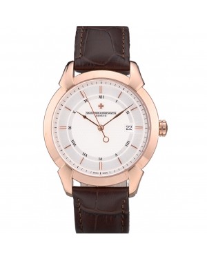 Swiss Vacheron Constantin Traditionnelle White Dial Rose Gold Case Brown Leather Bracelet