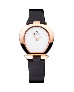 Omega Ladies Watch White Dial Gold Case Black Leather Strap 622820