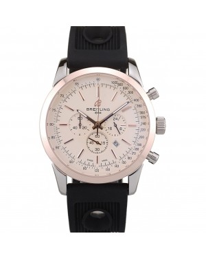 Breitling Transocean White Dial Black Rubber Strap Rose Gold Bezel