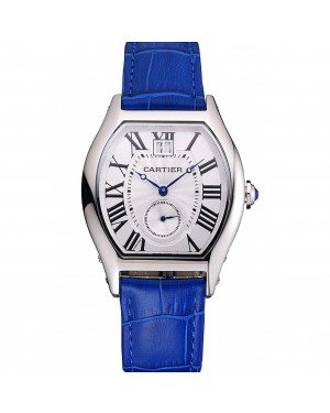 Cartier Tortue Large Date White Dial Stainless Steel Case Blue Leather Strap