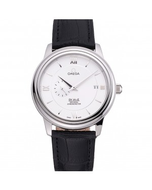 Omega De Ville Prstige Co-Axial White Dial Silver Case Black Leather Strap Roman Numeral