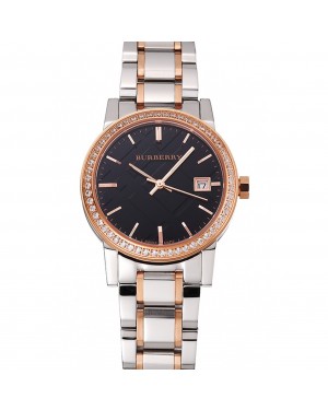 Burberry The City Black Dial Rose Gold Diamond Bezel Stainless Steel Case Two Tone Bracelet