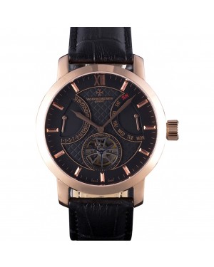 Vacheron Constantin Tourbillon Black Dial Rose Gold Case Black Leather Bracelet