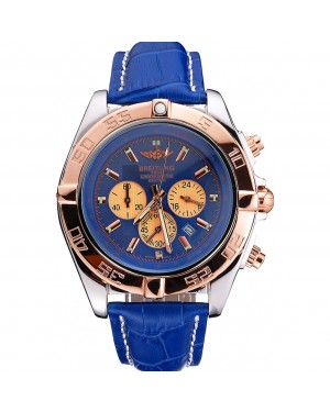 Breitling Chronomat Blue Dial Rose Gold Bezel And Subdials Stainless Steel Case Blue Leather Strap