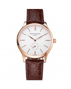 Patek Philippe Calatrava White Dial Rose Gold Case Brown Leather Strap