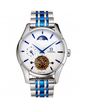 Omega De Ville Moonphase Tourbillon White Dial Stainless Steel Case Two Tone Steel Blue Bracelet