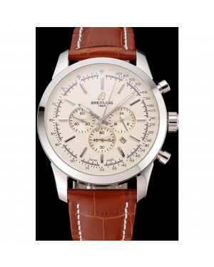 Breitling Transocean Beige Dial Brown Leather Strap Polished Stainless Steel Bezel
