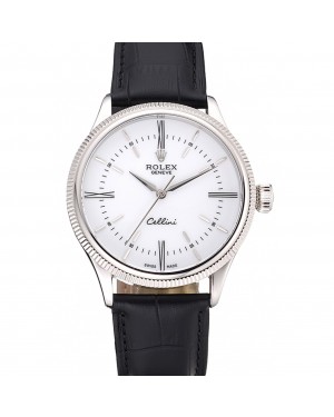 Swiss Rolex Cellini Time Silver Case White Dial Black Leather Bracelet 622653