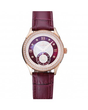 Omega DeVille Prestige Dark Red Dial Gold Diamond Case Dark Red Leather Bracelet 1454125
