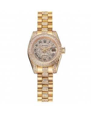 Swiss Rolex DayJust Diamond Pave Dial Gold Diamond Bracelet 1453955