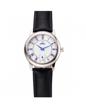 Omega De Ville Prestige Small Seconds White Dial Blue Numerals Stainless Steel Case Black Leather Strap
