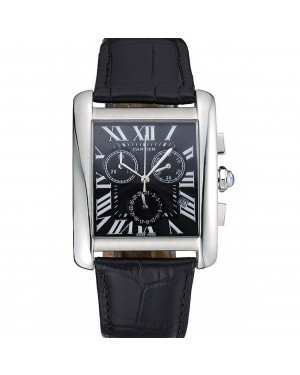 Cartier Tank MC Black Dial Stainless Steel Case Black Leather Bracelet 622690