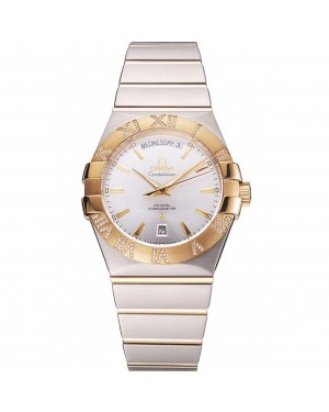 Swiss Omega Constellation White Dial Stainless Steel Case Gold Bezel Two Tone Bracelet