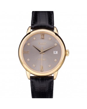 Piaget Swiss Traditional Grey Dial Black Leather Strap 7622