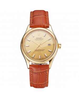 Swiss Rolex Datejust Gold Dial Gold Case Light Brown Leather Strap