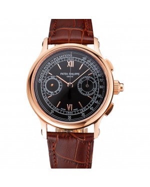 Swiss Patek Philippe 5170J Chronograph Black Dial Rose Gold Case Brown Leather Strap