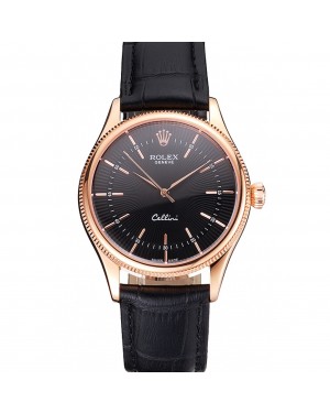 Swiss Rolex Cellini Black Dial Rose Gold Markings Rose Gold Case Black Leather Strap