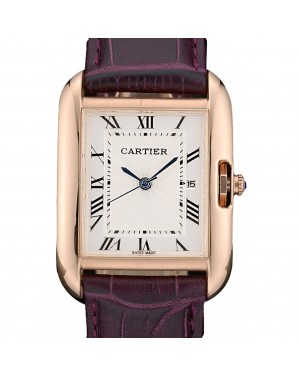 Cartier Tank Anglaise 30mm White Dial Gold Case Purple Leather Bracelet