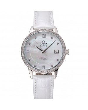 Omega DeVille Prestige Co-Axial Diamond Silver Case Mother-Of-Pearl Dial White Leather Strap