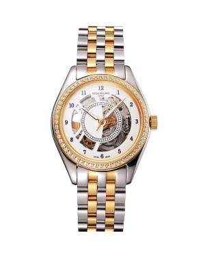 Swiss Patek Philippe Calatrava Openworked Stainless Steel Case Gold Bezel Two Tone Bracelet