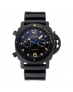 Panerai Luminor Submersible Flyback GMT Black Dial Yellow Markings Black Ionized Case Black Rubber Strap