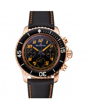 Swiss Blancpain Fifty Fathoms Flyback Chronograp Carbon Fiber Dial Rose Gold Case Black Leather Strap