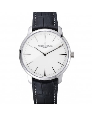 Swiss Vacheron Constantin Patrimony White Dial Silver Case Black Leather Bracelet 1454157