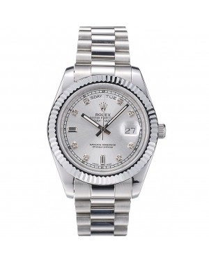Rolex Swiss DayDate Stainless Steel Ribbed Bezel Silver Dial 41995