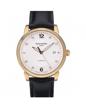 Patek Philippe Swiss Calatrava Ribbed Bezel White Dial Black Leather Strap 7642