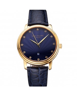 Patek Philippe Calatrava Date Blue Guilloche Dial Gold Case Blue Leather Strap