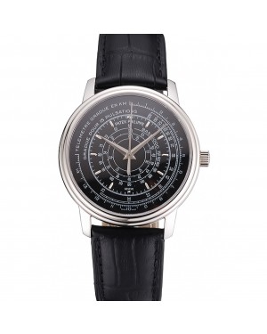 Swiss Patek Philippe Multi-Scale Chronograph Black Dial Stainless Steel Case Black Leather Strap