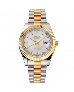 Swiss Rolex Datejust White Dial Gold Bezel Stainless Steel Case Two Tone Gold Bracelet