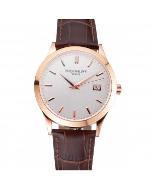 Swiss Patek Philippe Calatrava White Dial Rose Gold Case Brown Leather Strap