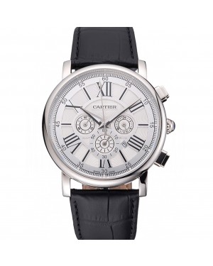 Cartier Rotonde Chronograph White Dial Stainless Steel Case Black Leather Strap