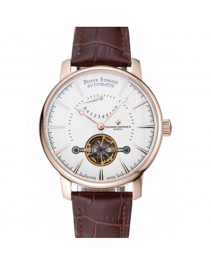 Vacheron Constantin Tourbillion Power Reserve White Dial Gold Case Brown Leather Bracelet 1454274