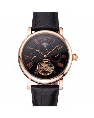 Patek Philippe Grand Complications Moonphase Perpetual Calendar Tourbillon Black Dial Rose Gold Case Black Leather Strap