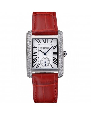 Cartier Tank MC Stainless Steel Diamond Case White Dial Red Leather Strap 622173